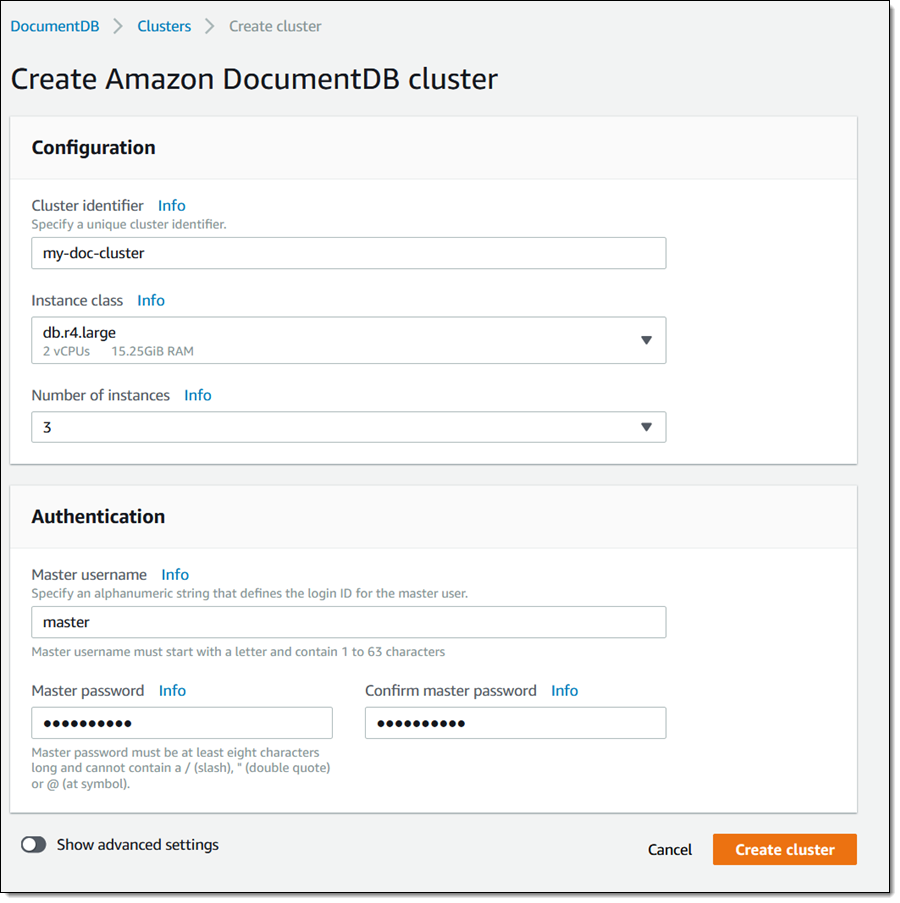 screenshot of Amazon DocumentDB